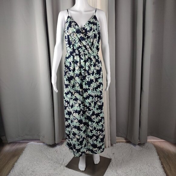 Banana Republic Faux Wrap Maxi Dress – Floral Print – Size 4P – Navy & Mint - Picture 2 of 11